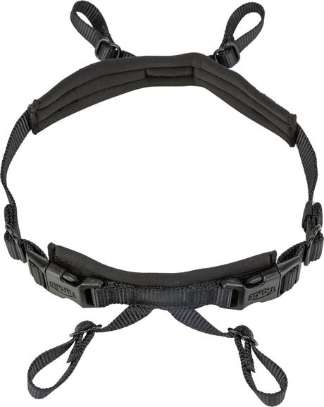 Schwarzer, verstellbarer Gurt mit Schnallen und Schlaufen aus Nylon, geeignet für vielseitige Befestigungszwecke.