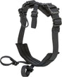 Ein schwarzes Geschirr mit verstellbaren Riemen und Schnallen, wahrscheinlich aus Nylon gefertigt.