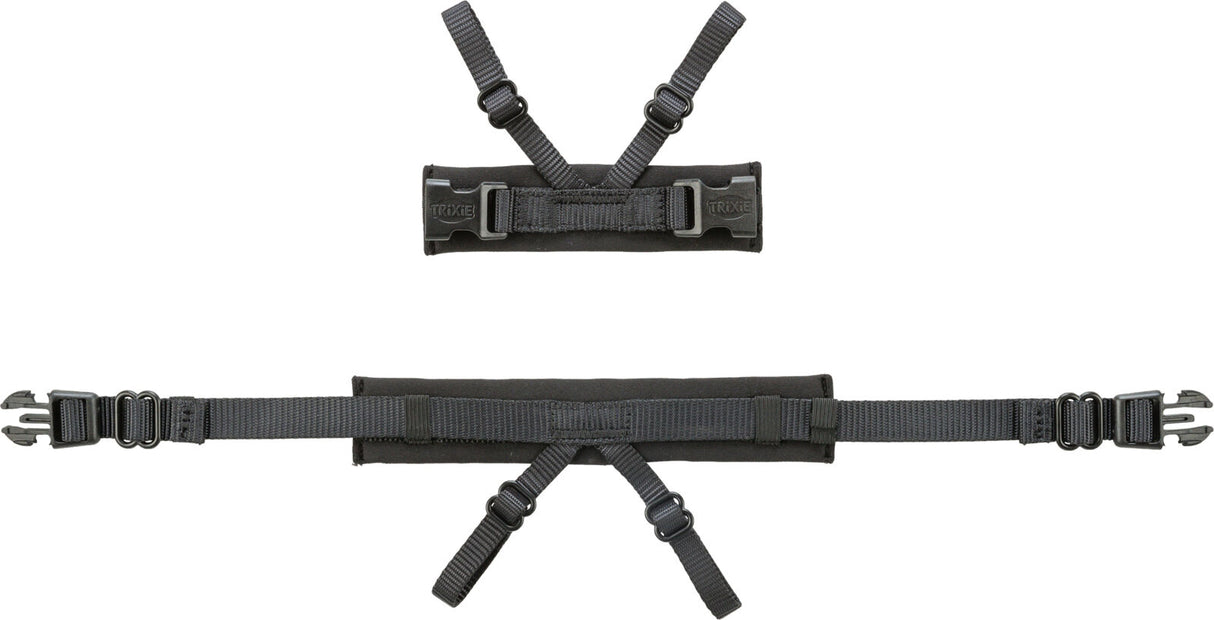 Zwei schwarze Gurte mit Schnallen und verstellbaren Riemen, einer horizontal, einer vertikal angeordnet.