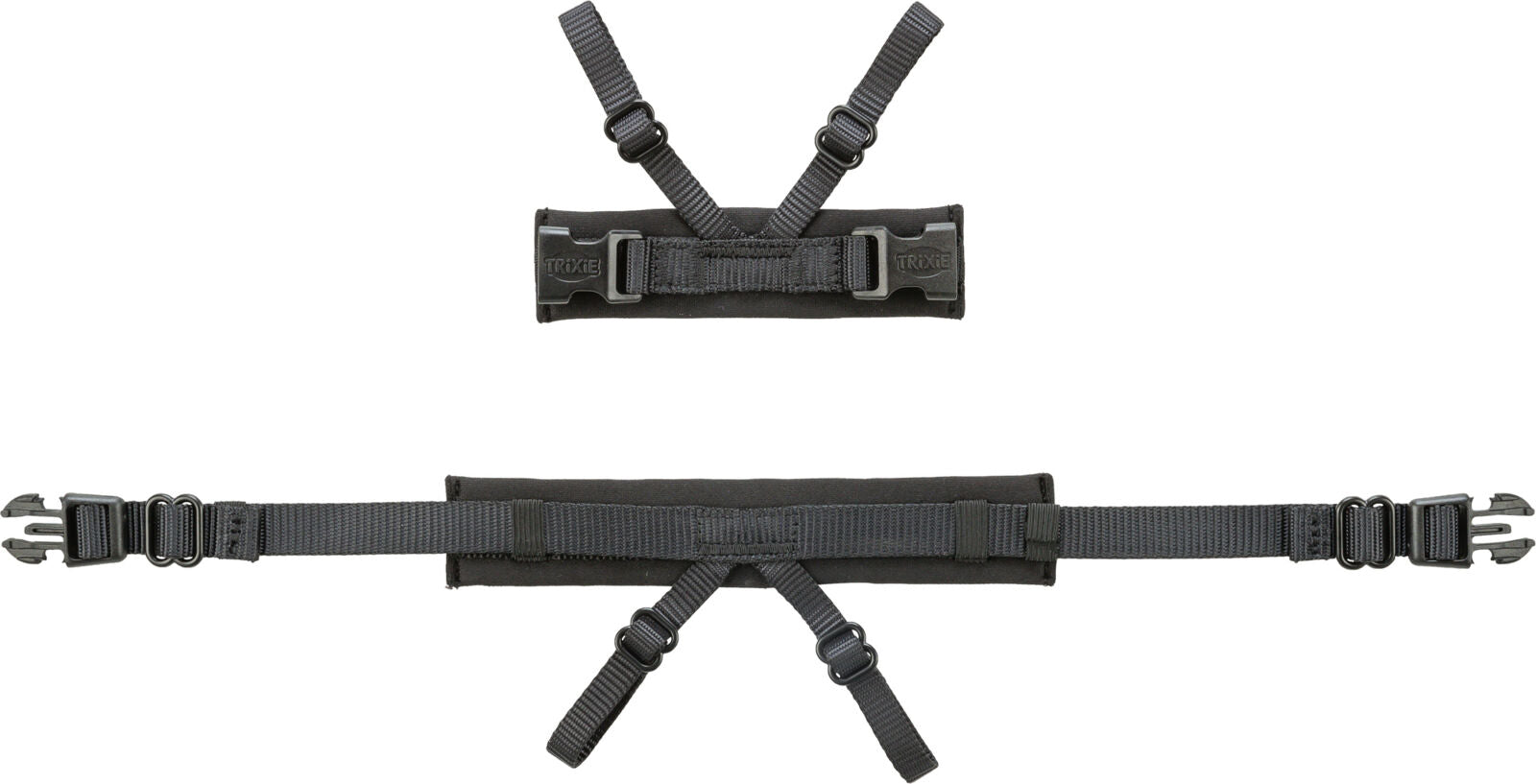Zwei schwarze Gurte mit Schnallen und verstellbaren Riemen, einer horizontal, einer vertikal angeordnet.
