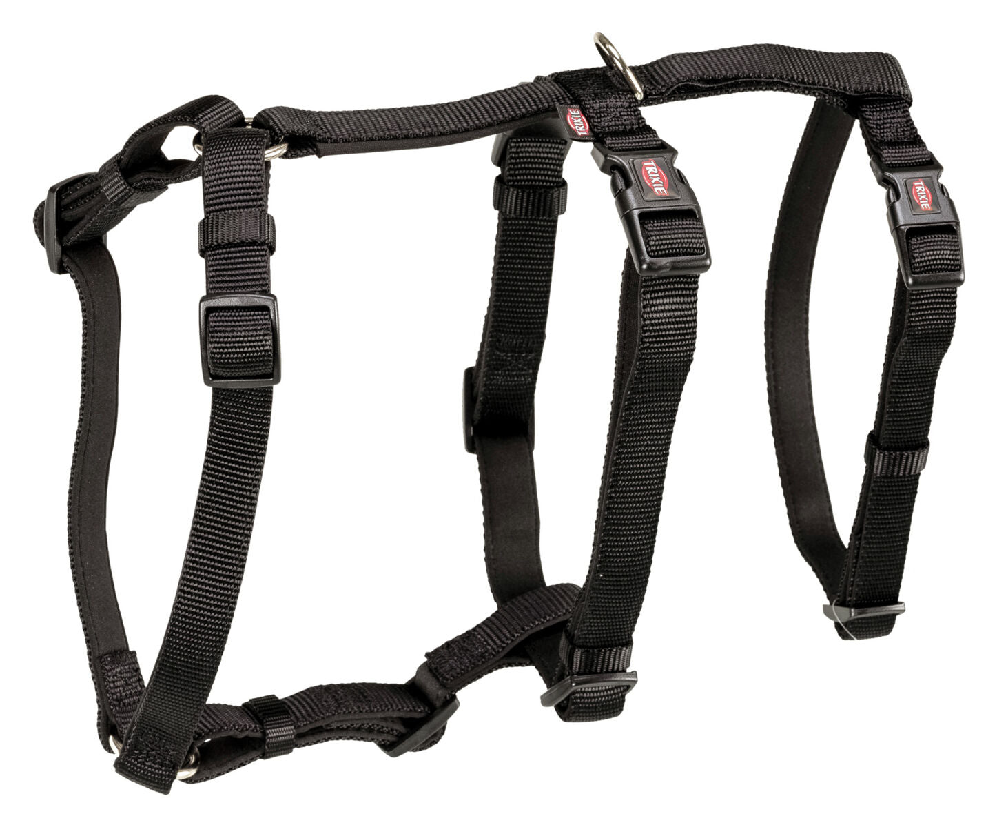 Ein schwarzes, verstellbares Hundegeschirr aus robustem Material mit mehreren Schnallen und einem Metallring.