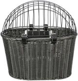 Grauer Korb mit einem abnehmbaren Metallgitter und schwarzen Lederriemen, geeignet als Fahrradkorb.