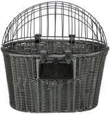 Geflochtener Fahrradkorb aus grauem Material mit schwarzem Metallgitter und zwei Riemen an der Oberseite.