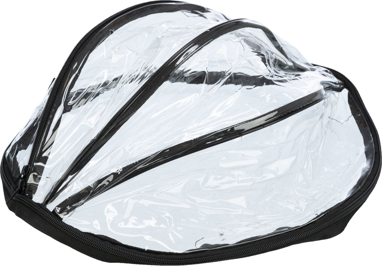 Durchsichtige Plastikabdeckung mit schwarzen Reißverschlüssen, oben gebogen und leicht gerundet.