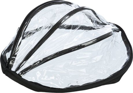 Durchsichtige Plastikabdeckung mit schwarzen Reißverschlüssen, oben gebogen und leicht gerundet.