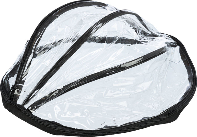 Durchsichtige Plastikabdeckung mit schwarzen Reißverschlüssen, oben gebogen und leicht gerundet.