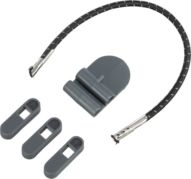 Graue Kunststoffhalterung mit drei Aufsätzen und einem gebogenen schwarzen Kabel mit Metallenden.