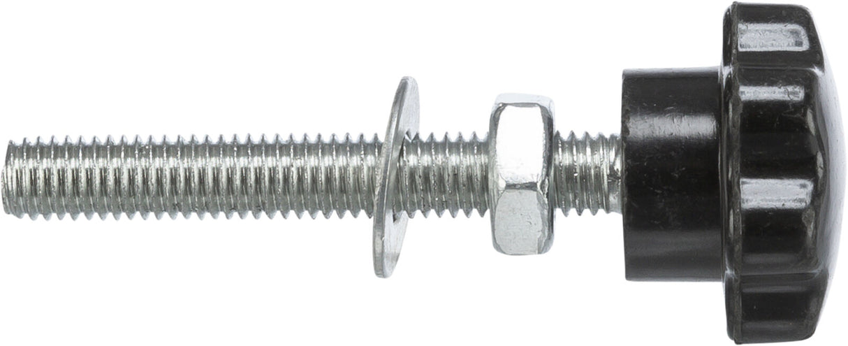 Metallschraube mit Gewinde und schwarzem Kunststoffknopf, Unterlegscheibe und Mutter.