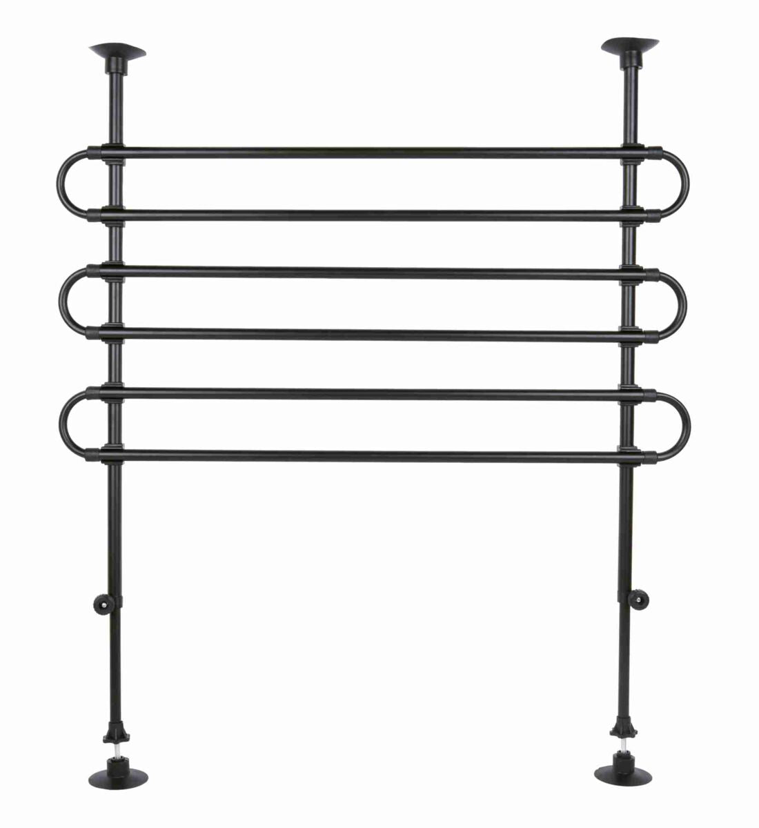 Schwarzes Metallgitter mit vier horizontalen Stangen, zwei vertikale Stützen mit runden Füßen.