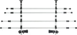 Metallisches Gitter mit vier horizontalen Streben und seitlichen schwarzen Befestigungen, ausziehbar und verstellbar.