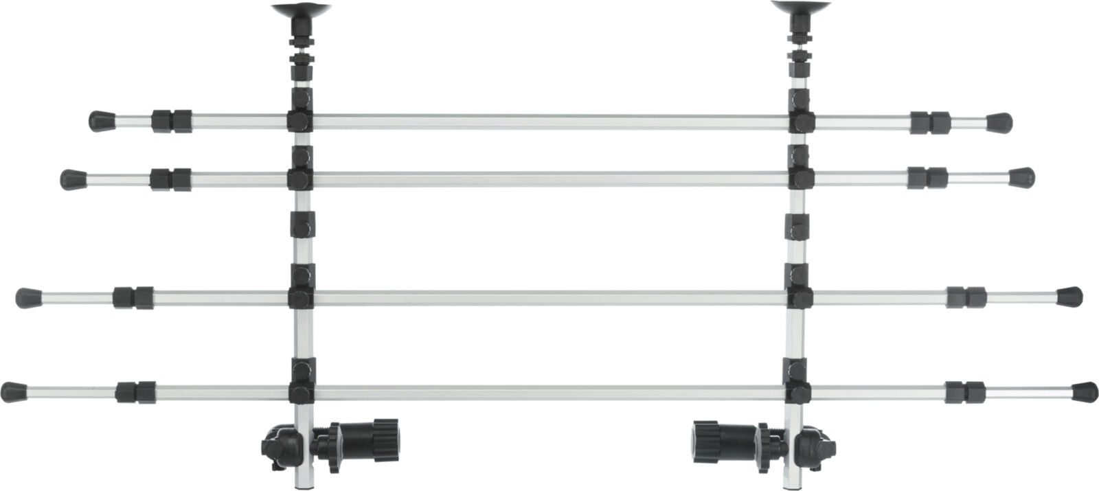 Metallisches Gitter mit vier horizontalen Streben und seitlichen schwarzen Befestigungen, ausziehbar und verstellbar.
