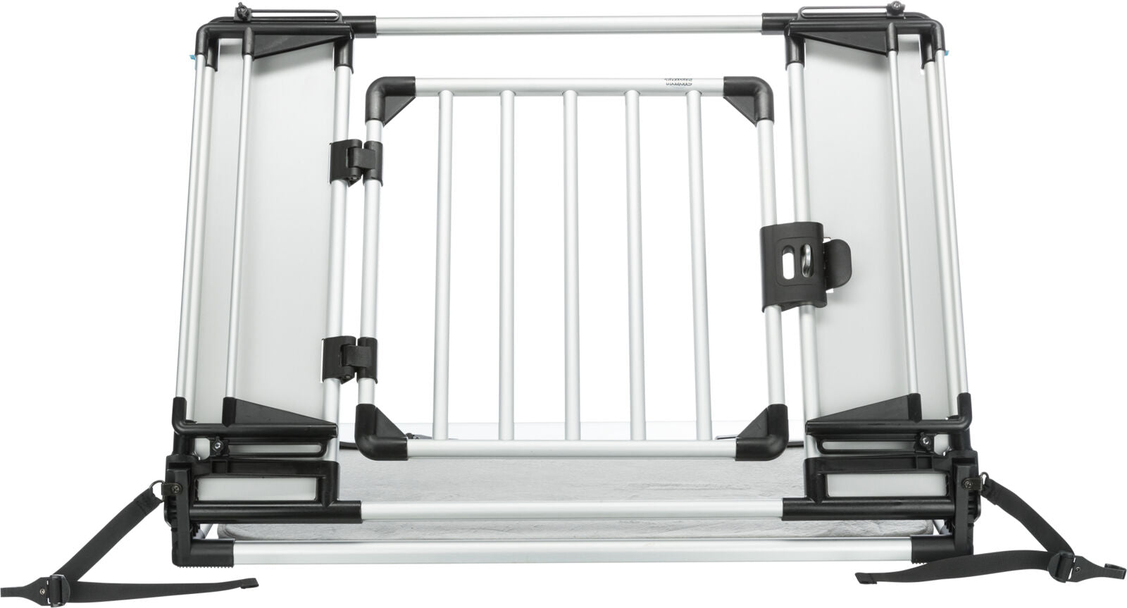 Silbernes und schwarzes Metallgitter mit rechteckiger Form und schwarzen Befestigungselementen.