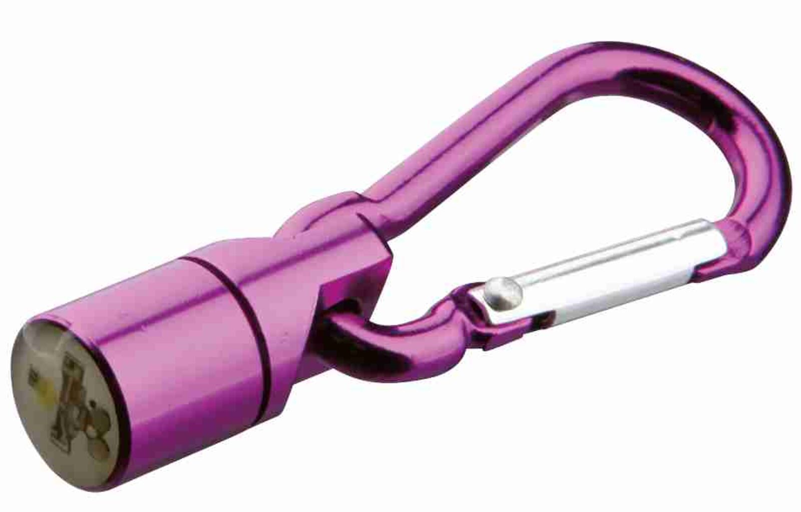 Lila Karabiner mit integriertem runden Licht, Metallclip in Silber, geeignet zum Anhängen.