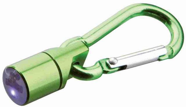 Grüner Karabinerhaken mit integriertem, leuchtendem LED-Licht an der Spitze, metallisch glänzend.