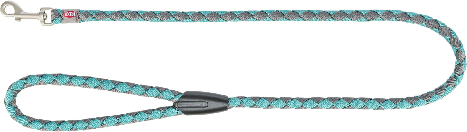 Geflochtene Hundeleine in Türkis und Grau mit Metallkarabiner und schwarzem Plastikring, Text "TRIXIE".