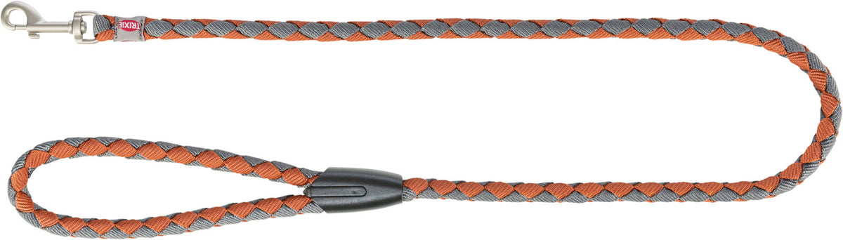 Geflochtene orange-graue Leine mit Metallhaken und schwarzem Griff, Text "TRIXIE" auf Etikett sichtbar.