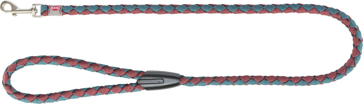 Geflochtene Hundeleine in Rot und Blau mit Metallschnalle und Schlaufe, Markenaufdruck "Trixie".