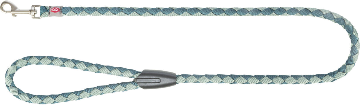 Geflochtene Hundeleine in Blau und Grau mit Metallhaken und schwarzem Griffstück.