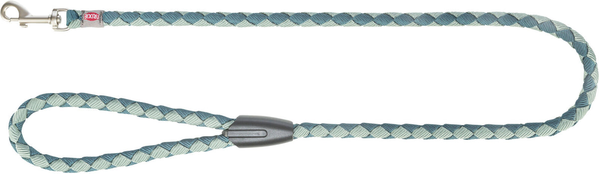 Geflochtene Hundeleine in Blau und Grau mit Metallhaken und schwarzem Griffstück.