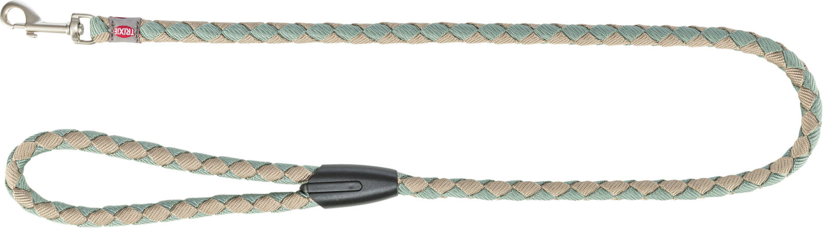 Geflochtene Leine in Beige und Grün mit Karabinerhaken aus Metall an einem Ende und einer Handschlaufe am anderen.