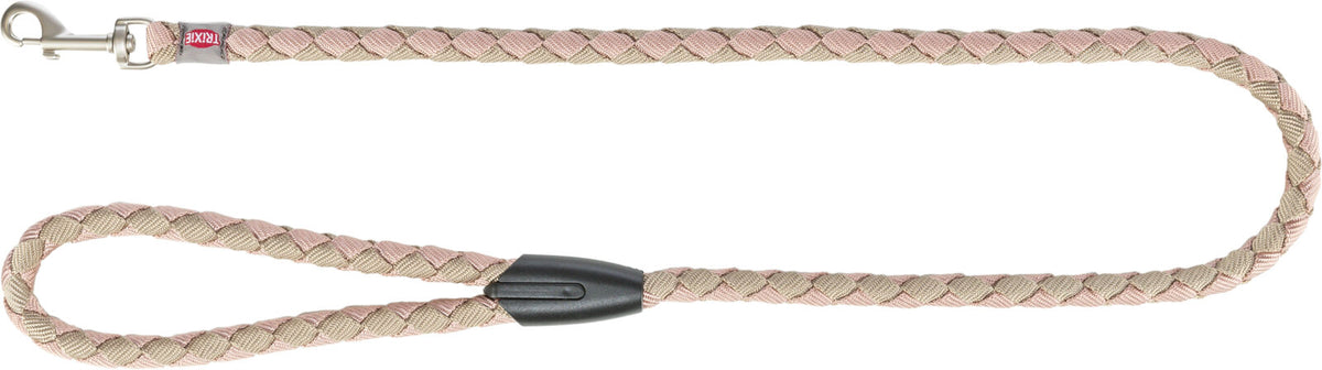 Geflochtene Hundeleine in Beige und Rosa mit schwarzem Kunststoffelement und Metallkarabiner.