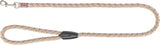 Geflochtene Hundeleine in Beige und Rosa mit schwarzem Kunststoffelement und Metallkarabiner.