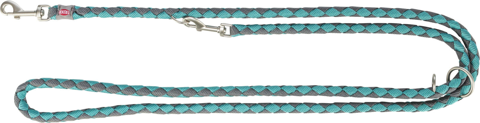 Geflochtene Hundeleine in Grau und Blau mit zwei silbernen Haken und einem Ring, Label sichtbar.