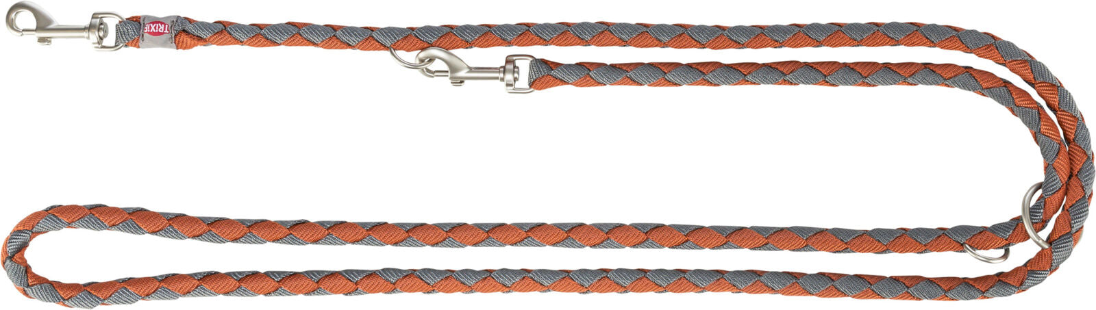 Geflochtene Hundeleine in Orange und Grau mit zwei silbernen Karabinerhaken, Text "TRIXIE" sichtbar.