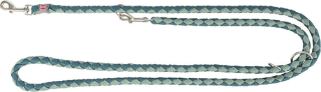 Geflochtene grün-blaue Hundeleine mit silbernen Karabinern an beiden Enden.
