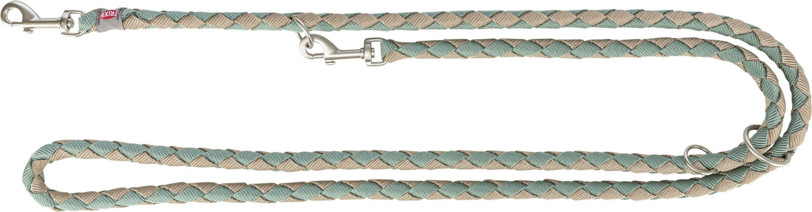 Geflochtene grün-beige Hundeleine mit silbernen Metallclips und einem roten Etikett, das "TRIXIE" zeigt.