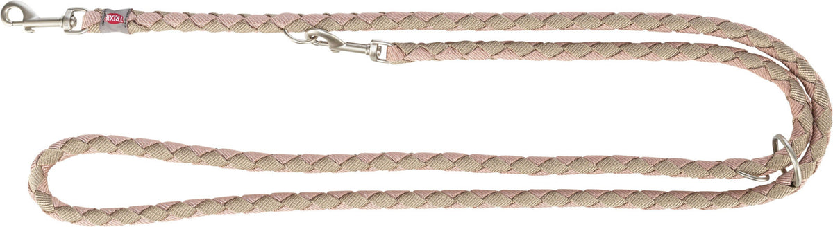 Geflochtene Leine in Beige und Rosa mit Metallkarabinern an beiden Enden, für Hunde geeignet.
