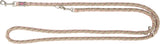 Geflochtene Leine in Beige und Rosa mit Metallkarabinern an beiden Enden, für Hunde geeignet.