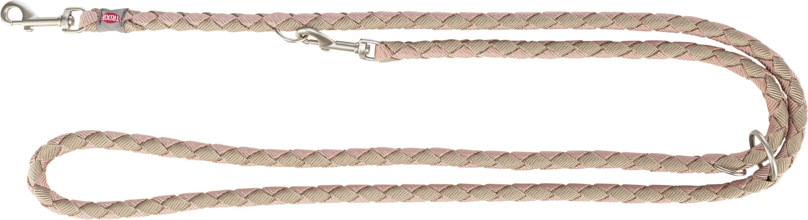 Geflochtene Leine in Beige und Rosa mit Metallkarabinern an beiden Enden, für Hunde geeignet.
