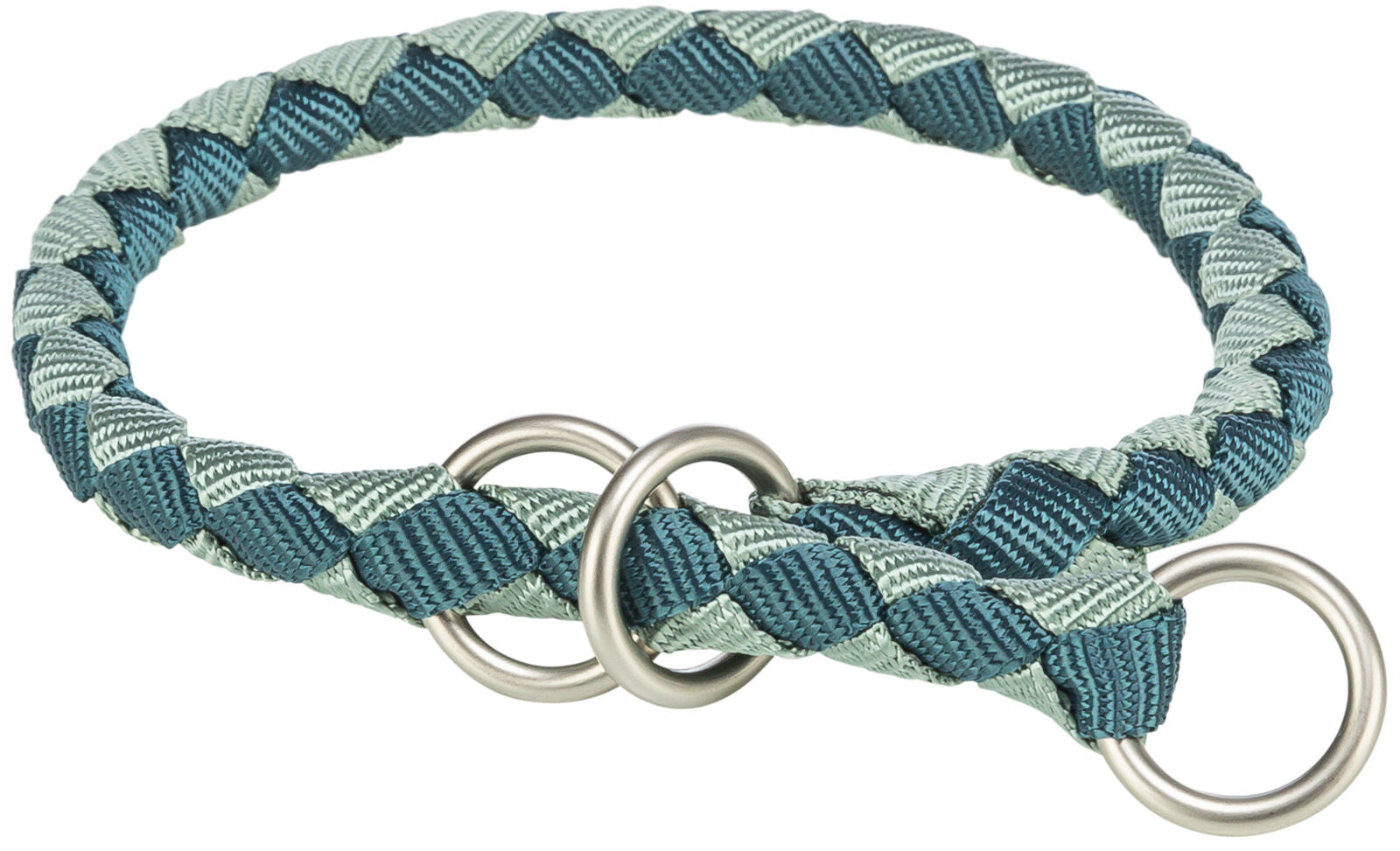 Geflochtenes Halsband in Blau und Grau mit zwei silbernen Metallringen.