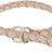 Geflochtenes Halsband aus rosa und beigem Material mit zwei silbernen Metallringen.