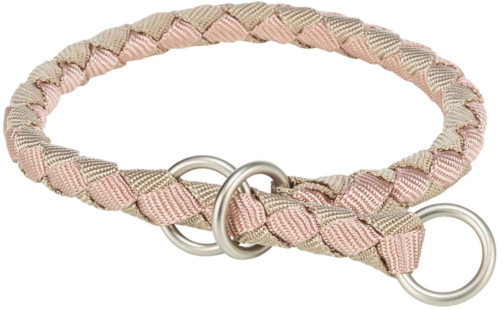 Geflochtenes Halsband aus rosa und beigem Material mit zwei silbernen Metallringen.
