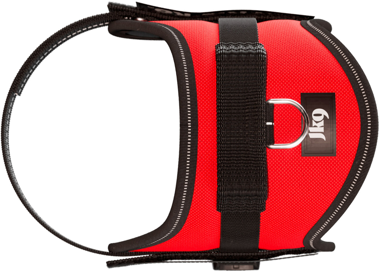 Rotes Hundegeschirr mit schwarzem Rand, D-Ring und schwarzer Schlaufe sowie sichtbarem Logo mit Text "JK9".