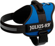 Blaues Hundegeschirr mit schwarzem Rand und Aufschrift "Julius-K9", verstellbare Gurte und Griff an der Oberseite.