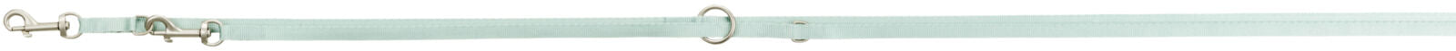 Helles, längliches Band aus Stoff mit zwei silbernen Haken und einem D-Ring aus Metall an jeder Seite.