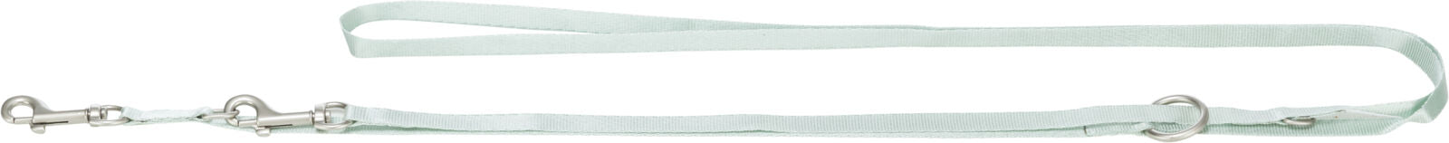 Mintgrüne Leine mit zwei Metallkarabinern und Ösen, flach und länglich gestaltet.