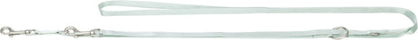 Mintgrüne Leine mit zwei Metallkarabinern und Ösen, flach und länglich gestaltet.