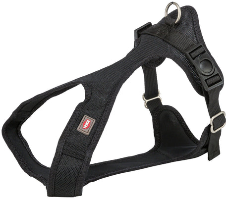 Schwarzes Hundegeschirr mit Schnallen und Befestigungsring.