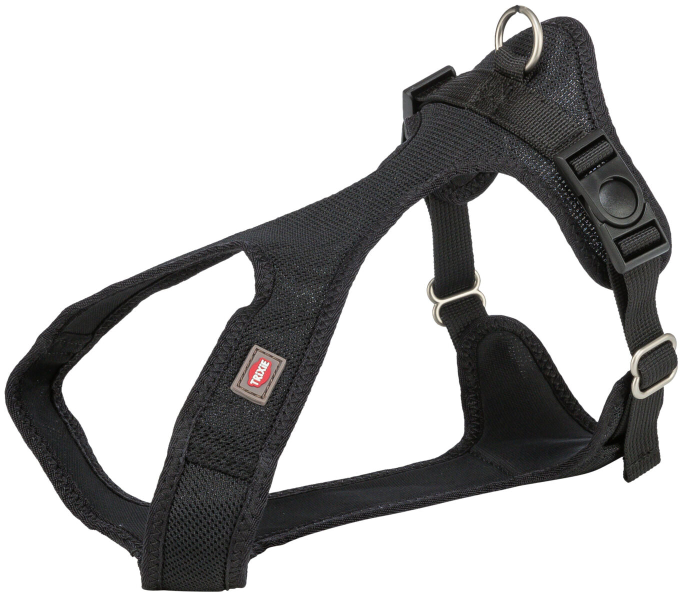 Schwarzes Hundegeschirr mit Schnallen und Befestigungsring.