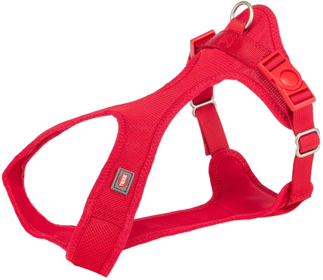 Rotes Hundegeschirr mit verstellbaren Riemen und Metallring, aus Mesh-Material gestaltet.