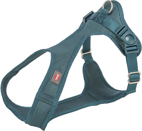 Blaues Hunde-Geschirr mit verstellbaren Gurten, Klickverschluss und D-Ring, mit gewebter Struktur.
