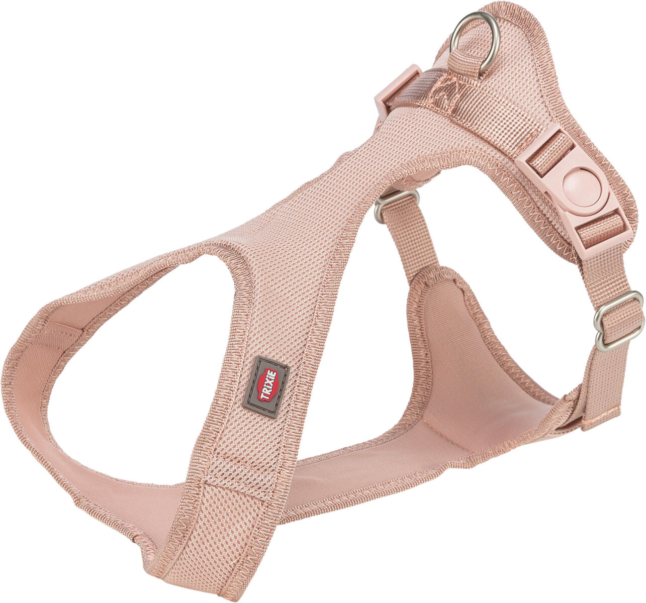 Rosa Hundegeschirr aus meshartigem Material mit Schnallen und einem Ring zur Befestigung.