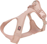 Rosa Hundegeschirr aus meshartigem Material mit Schnallen und einem Ring zur Befestigung.