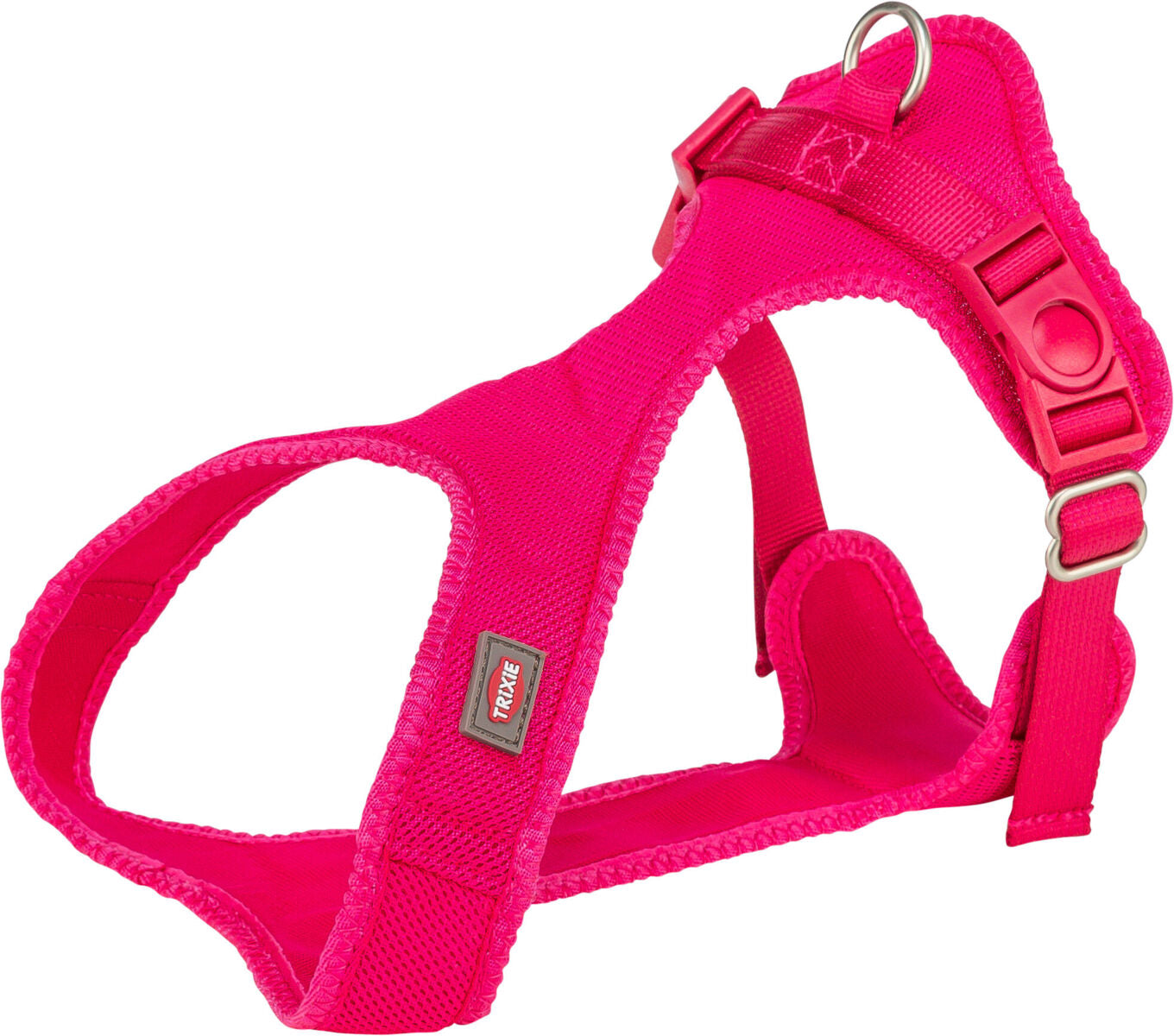 Pinkes Hundegeschirr mit verstellbaren Gurten, Kunststoffverschluss und Metallring, seitlicher Markenaufdruck.