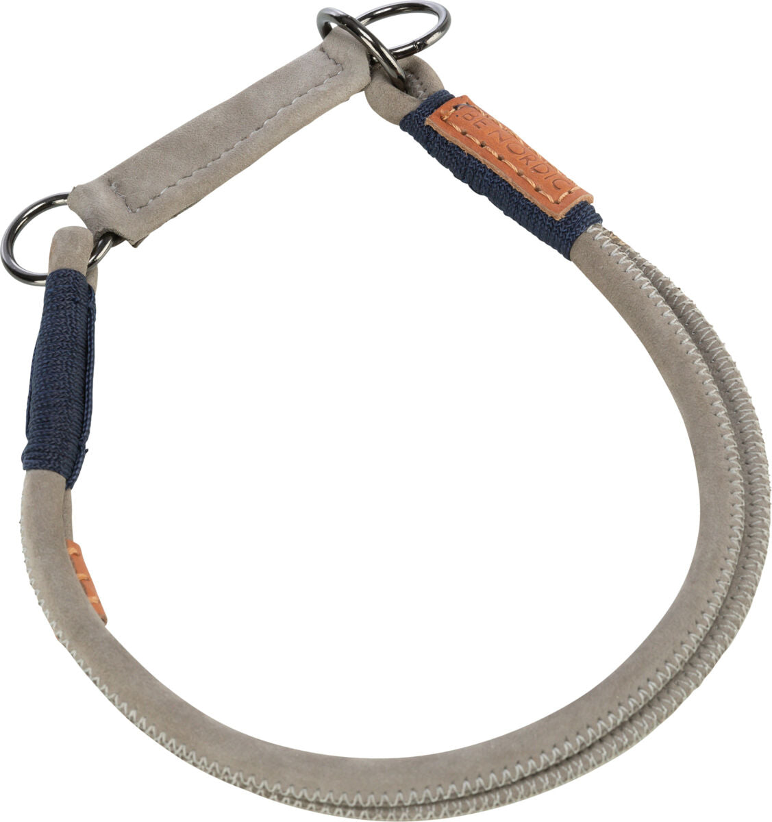 Graues Hundehalsband mit blauen Details und Metallringen, sichtbares Label "BE NORDIC".