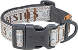 Grau-weißer Hundehalsband mit braunen Nähten und der Aufschrift "BESTIES 4EVER" auf der Außenseite.